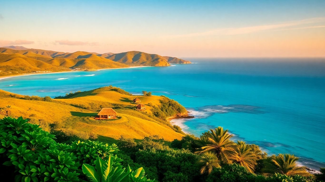 Sumba island landscape with hills, ocean, and huts.