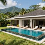 Modern villa in tropical Indonesian landscape.