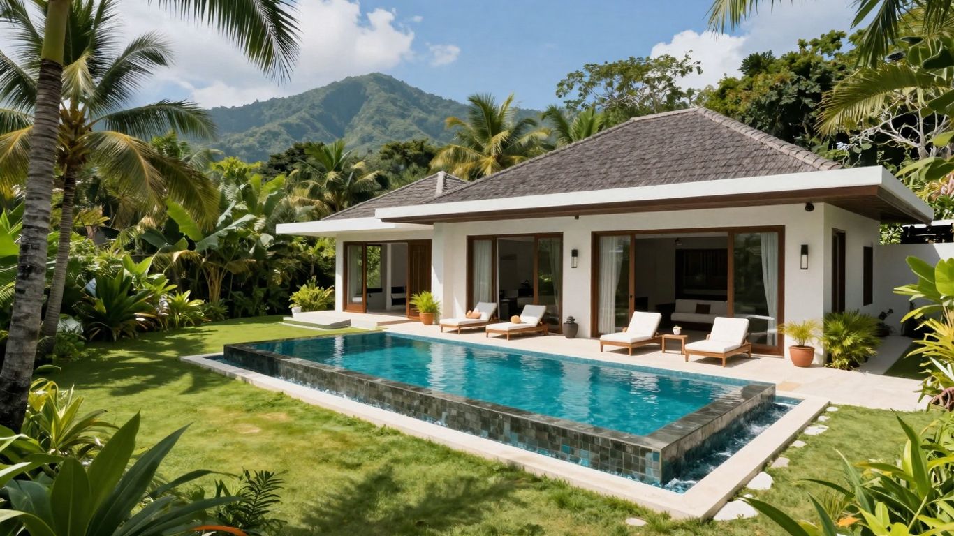 Modern villa in tropical Indonesian landscape.