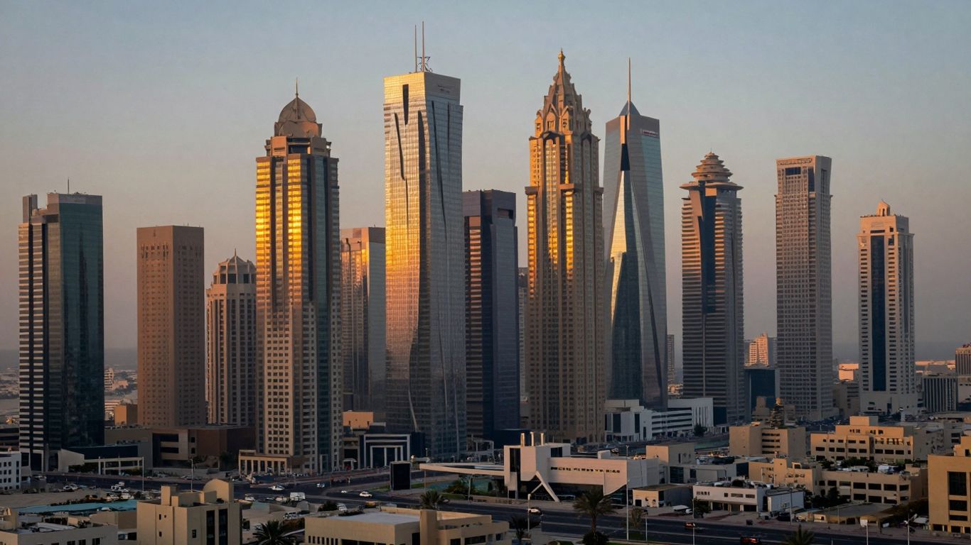 Emerging market cityscape with modern skyscrapers at sunrise.