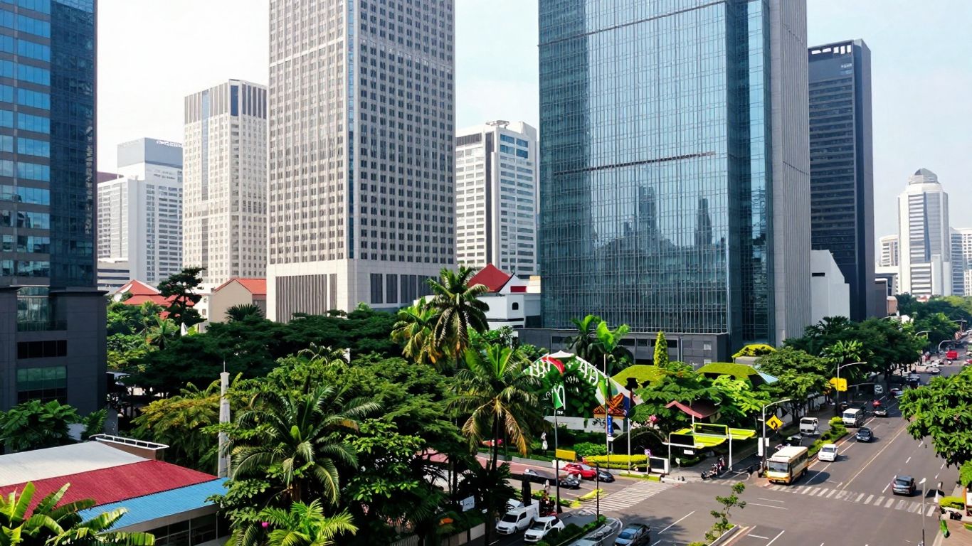 Indonesian cityscape with skyscrapers and tropical greenery.