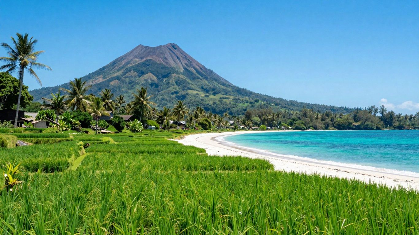 Sumba island landscape with rice paddies and beach.