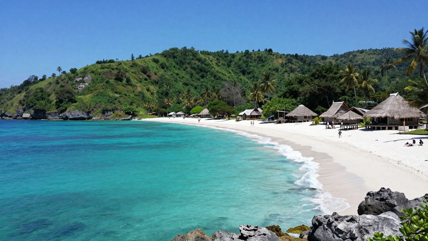 Sumba Island coastline with turquoise waters and green hills.