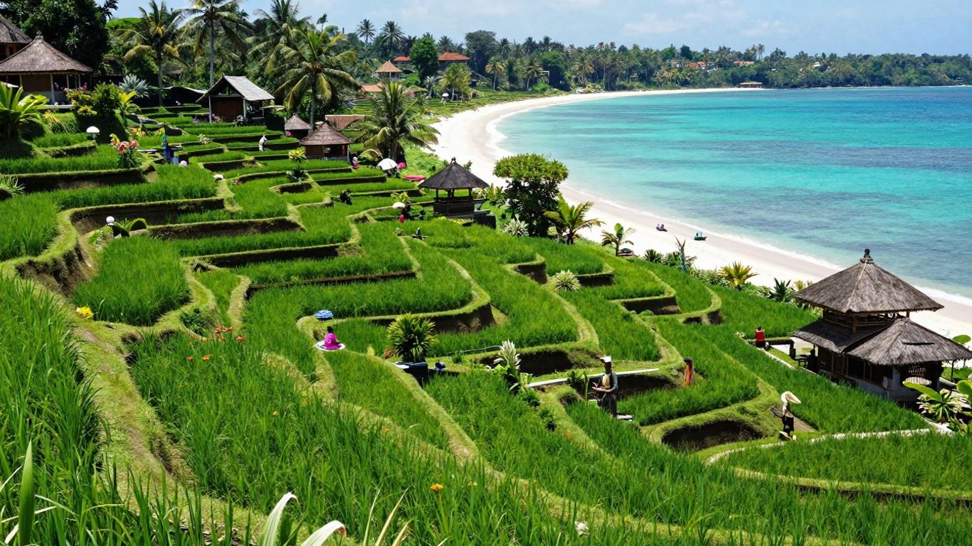 Lush rice terraces and tropical beaches in Indonesia.