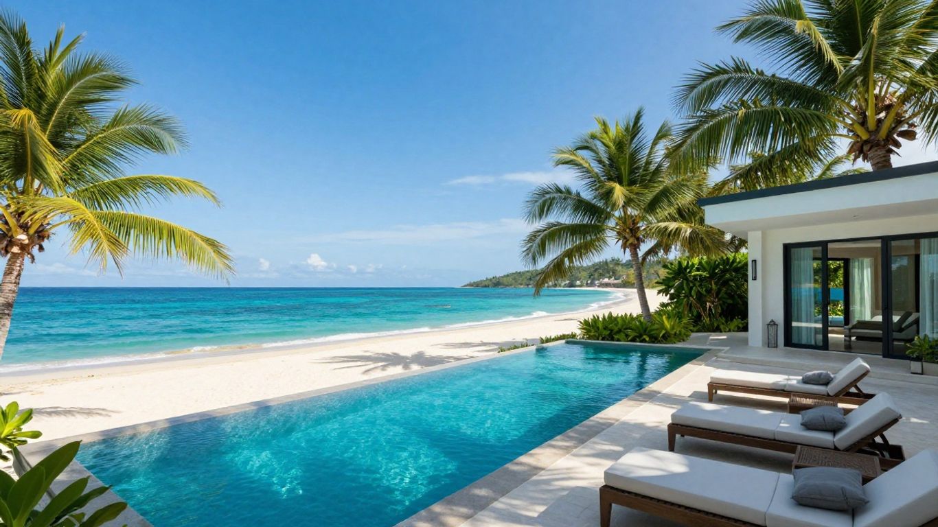 Tropical island villa with ocean view for sale.